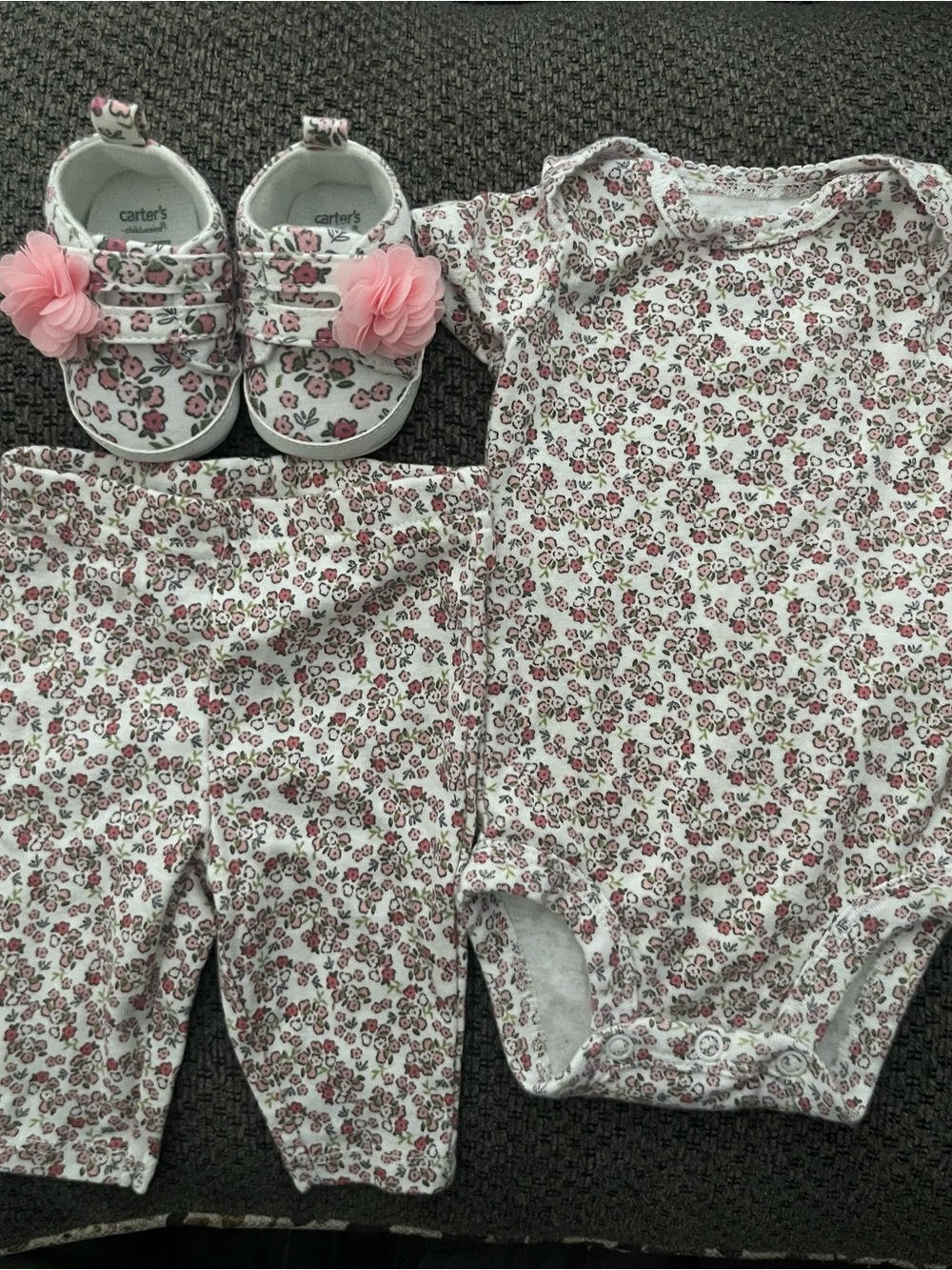 Carter's White & Pink Floral Baby 3-Piece Outfit with Pink Flower Shoes